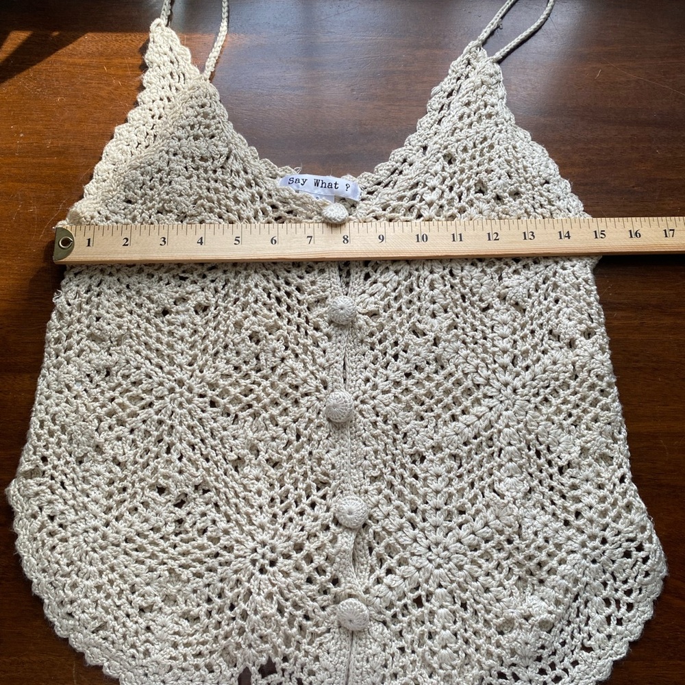 Say What? Crocheted Cream/Tan/Off-White Cropped Top; Size:Small - Picture 4 of 9